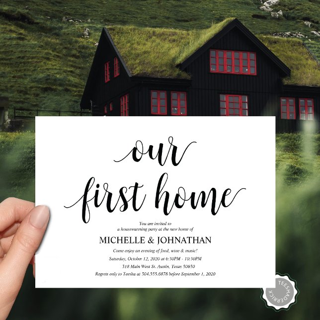 Notre première carte d'invitation pour la Fête de  (Our New Home, Housewarming  Party Invitation Card, PDF, Modern Rustic Script, Black and White)