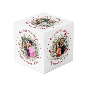 Notre première couronne de Noël mariage photo cube