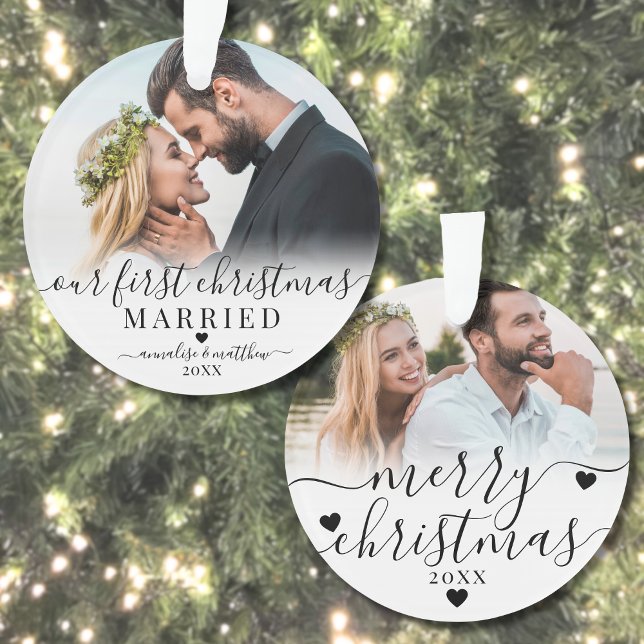 Notre première photo Noël Marié Couple 2 (Our First Christmas Married Couple 2 Photo Ornament)