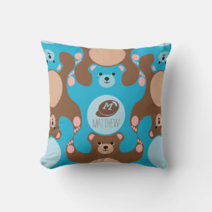 Nounours bleu marron Monogramme enfant Coussin ext