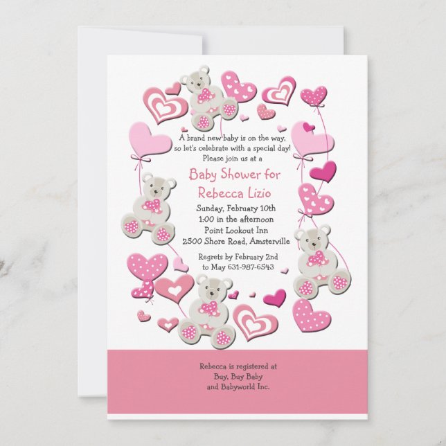 Nounours et ballons de coeur Invitation rose (Devant)