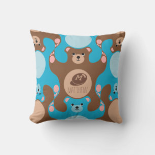 Nounours marron bleu Monogramme Enfant Coussin ext