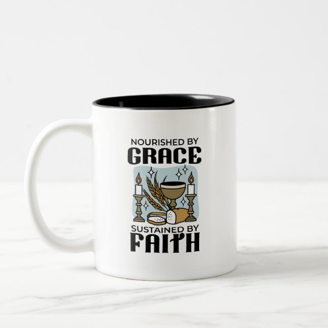 Nourished by Grace, Sustained by Faith Design Two-Tone Coffee Mug (Left)