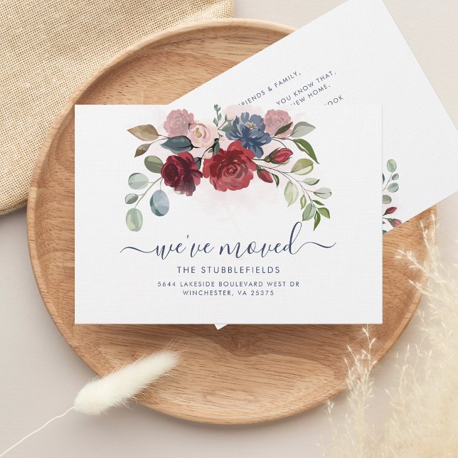 Nous avons déménagé la Faire-part Florale (We have Moved Watercolor Burgundy Floral Moving Announcement)