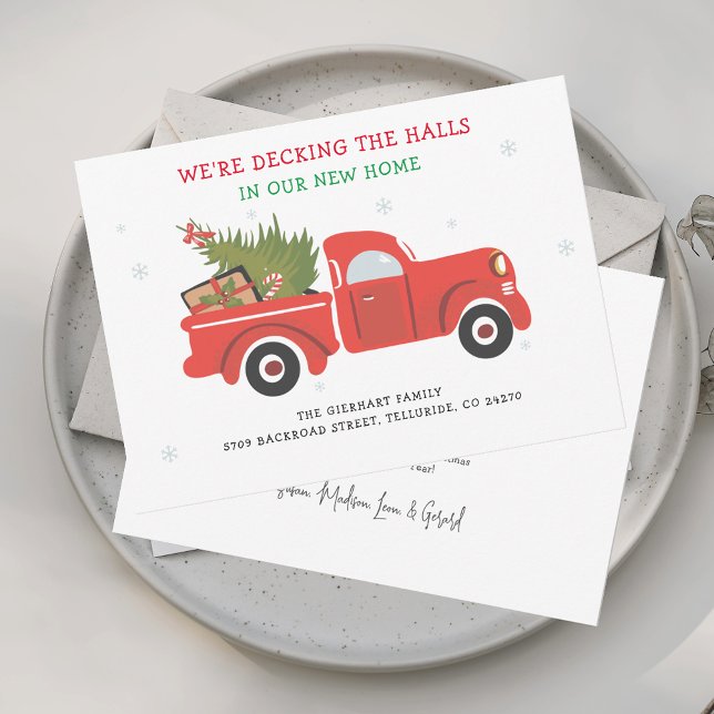 Nous avons déménagé Noël vacances Faire-part de dé (Decking New Halls Illustrated Truck Christmas Holidays Moving Announcement)