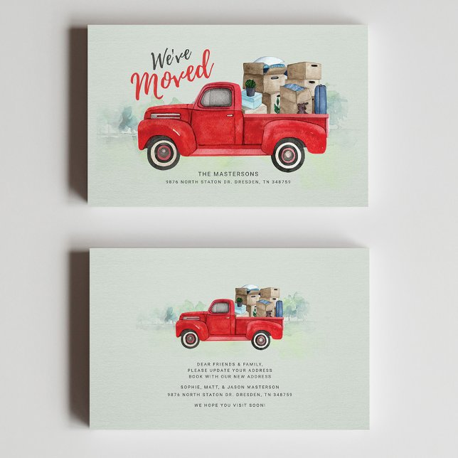 Nous avons déplacé la Faire-part de déplacement de (Watercolor Red Truck Moving Announcement Mini Card)