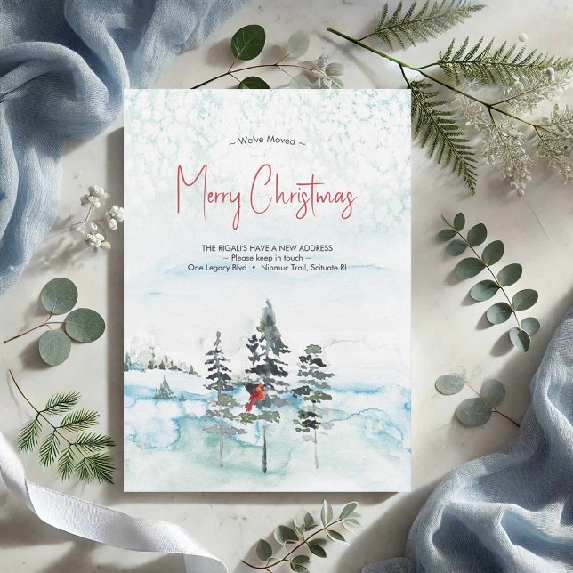 Nous avons déplacé les cartes de Noël aquarelle (Moving Christmas cards watercolor winter scene trees and red cardinal.)