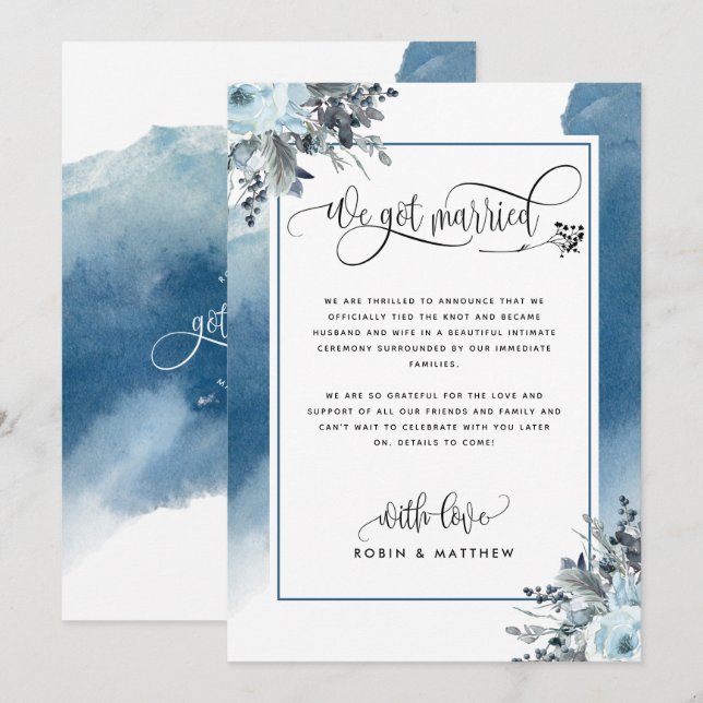 Nous avons un Mariage marié Faire-part en bleu (Devant / Derrière)