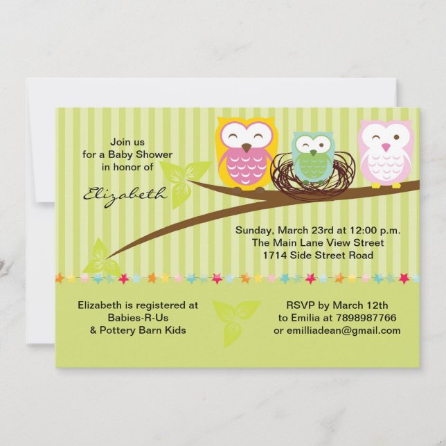 Nous trois hibou famille neutre invitation baby sh (Devant)