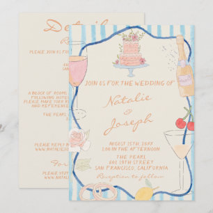 Nouveau Art Hand Drawn Striped All In One Wedding Invitation