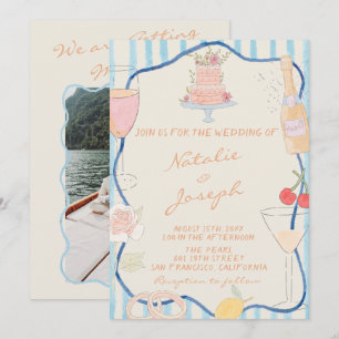 Nouveau Art Hand Drawn Striped Photo Wedding Invitation