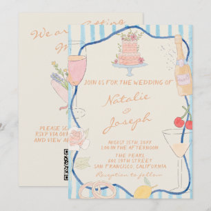 Nouveau Art Hand Drawn Striped QR Code Wedding Invitation