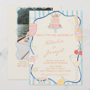 Nouveau Art Hand Drawn Striped QR Code Wedding Invitation