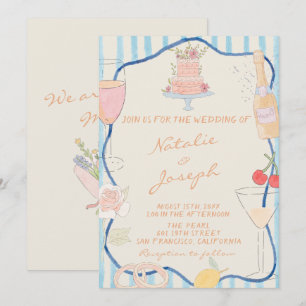 Nouveau Art Hand Drawn Striped Whimsical Wedding Invitation