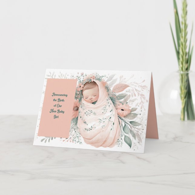 Nouveau Baby Girl Faire-part carte Fleurs de pêche (Devant)