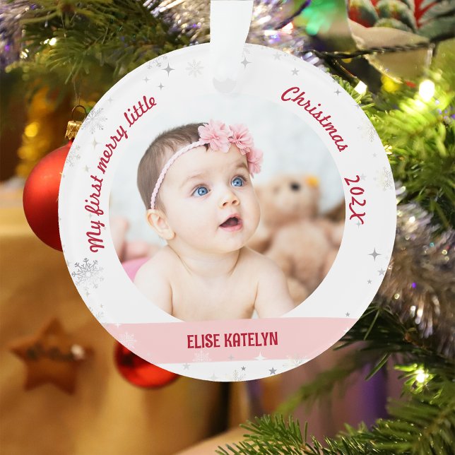 Nouveau bébé 2 Photos Mon premier joyeux petit Noë (Modern Elegant Cute My First Merry Little Christmas Baby Girl 2 Photos Snowflakes Stars Minimalist)