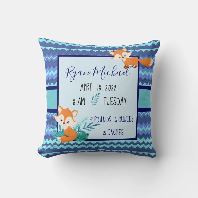 Nouveau bébé statistiques Coussin Fox bleu douche  (Recto)