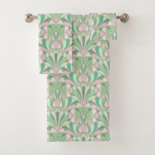 Nouveau Boho Pastel Blush and Green Floral Bath Towel Set