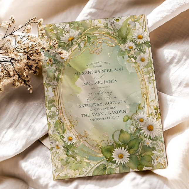 Nouveau Daisies Ivory Green Wedding Invitation (Creator Uploaded)