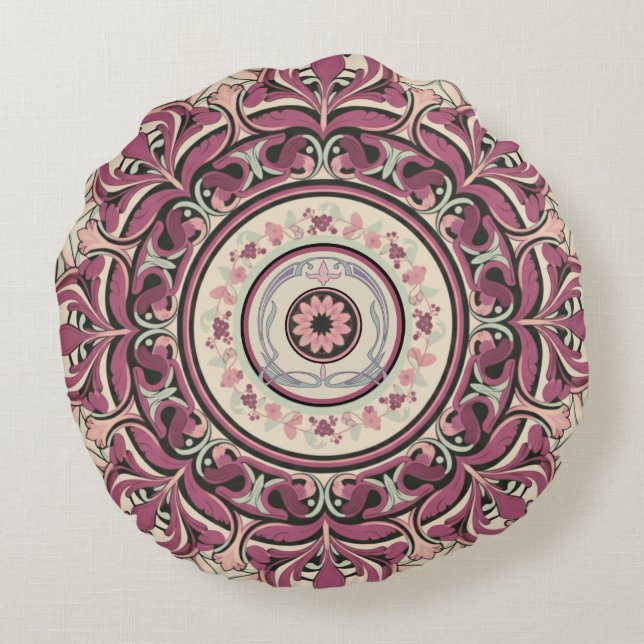Nouveau Floral Mandala Round Pillow (Back)
