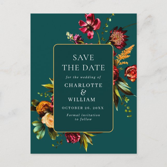 Nouveau Flowers Wedding Save the Date QR Code Postcard (Front)