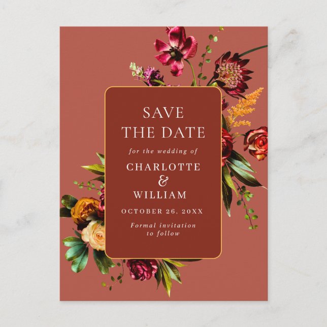 Nouveau Flowers Wedding Save the Date QR Code Postcard (Front)