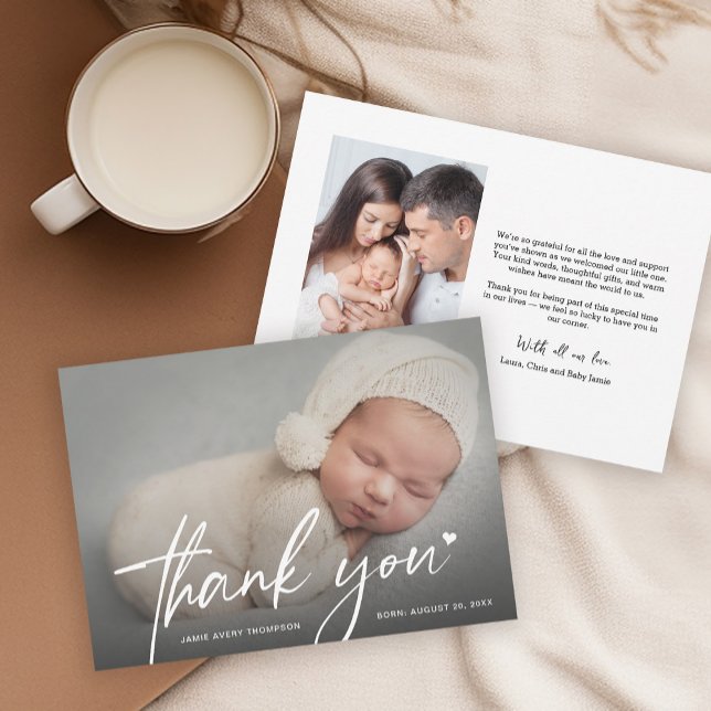Nouveau Merci photo bébé Coeur naissance moderne (Baby thank you thank you card with heart, family photo and baby shower message wording.)