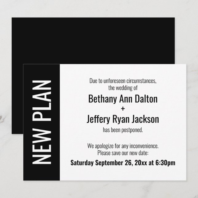 Nouveau plan audacieux, Faire-part Mariage reporté (Devant / Derrière)