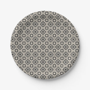 Nouveau Spanish Tile Pattern Black and Cream Paper Plate