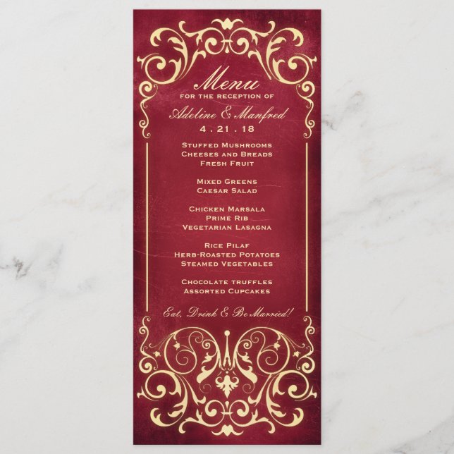 Nouveau Victorian: Red & Gold Wedding Menu (Front)