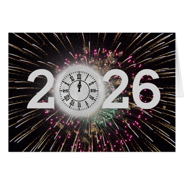 Nouvel an 2026 Feu d'artifice et horloge de lune (Devant horizontal)