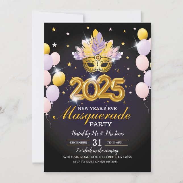 Nouvel An Masquerade Party Black Gold Invitation (Devant)
