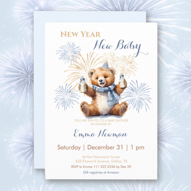 Nouvel an mignonne Bear Boy Baby shower Invitation (New Year Cute Bear Boy Baby Shower Invitation)