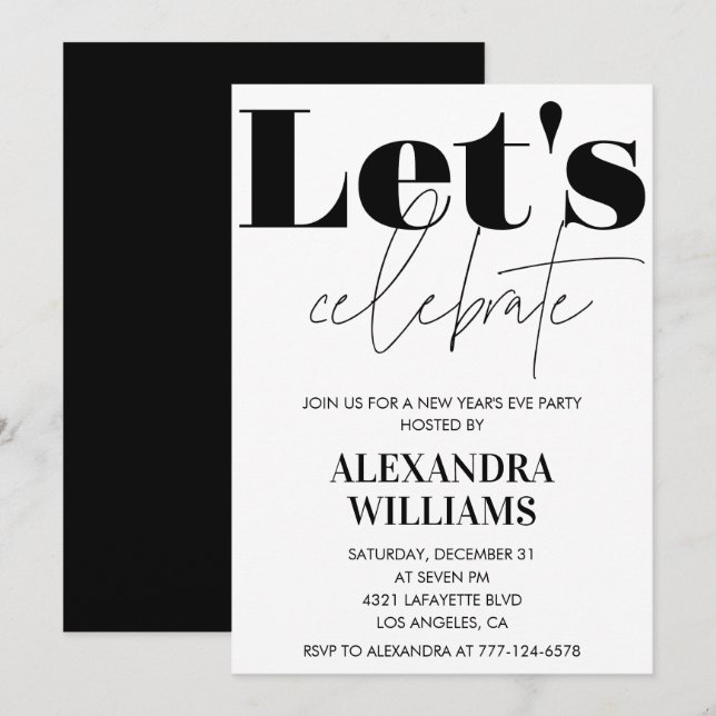 Nouvel an noir invitation Fêtons la fête (Devant / Derrière)