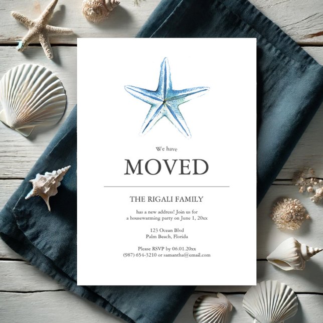 Nouvelle adresse Invitations Beach House Starfish (New address invitations beach house watercolor blue starfish art by Victoria Grigaliunas)