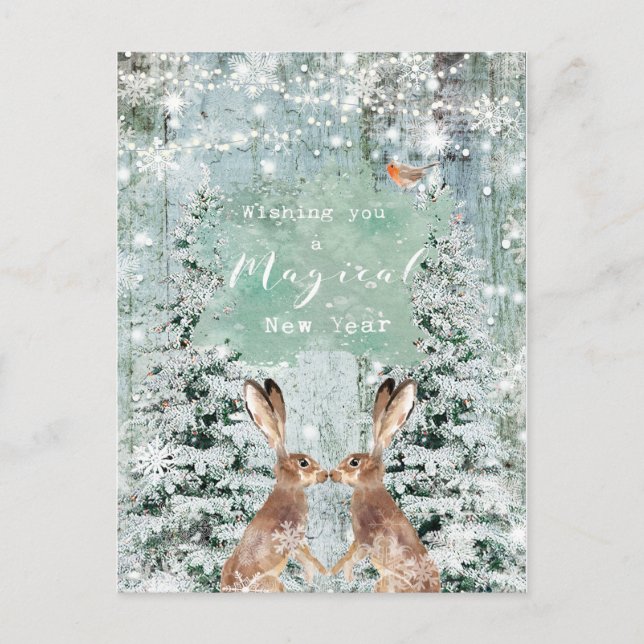 nouvelle année vacances hiver robin lièvres carte  (Devant)