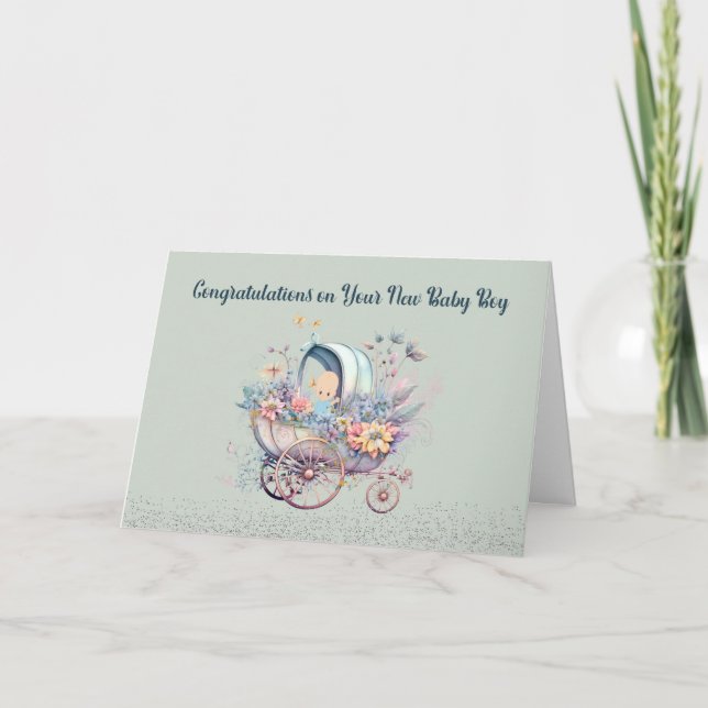Nouvelle carte bébé garçon avec chariot et fleurs (Devant)