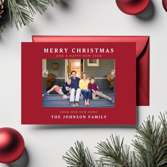 Nouvelle Carte de Noël Photo Rouge Joyeux Noël Mai (New Home Red Merry Christmas Photo Holiday Card)