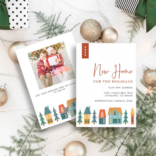 Nouvelle Carte Maison Pour Vacances (New Home For The Holidays Christmas Cards Retro Houses with family photo by Painted Paperie)