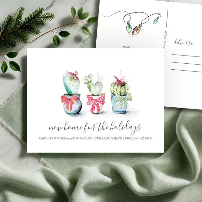 Nouvelle maison Moving Faire-part Cactus de Noël (Christmas cactus new address moving announcement postcard watercolor art by Victoria Grigaliunas)