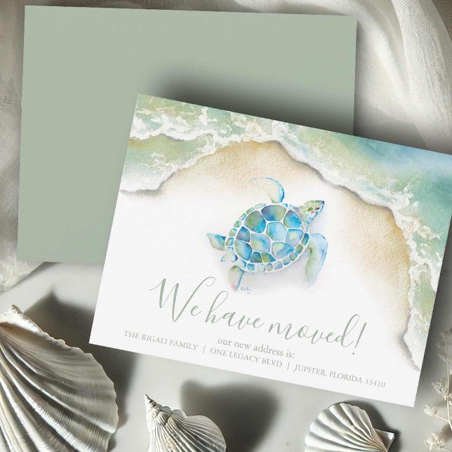 Nouvelles Cartes d'Adresse Tropical (Moving announcement cards watercolor sea turtle ocean art by Victoria Grigaliunas DoTellABelle)