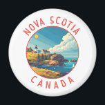 Nova Scotia Canada Retro Distressed Circle Magnet<br><div class="desc">Nova Scotia retro vector travel design. Nova Scotia is almost entirely surrounded by water and is home to over 13, 000km of coastline,  thousands of lakes,  lush valleys,  four UNESCO World Heritage Sites,  the world's highest tides and whales!</div>