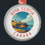 Nova Scotia Canada Retro Distressed Circle Metal Ornament<br><div class="desc">Nova Scotia retro vector travel design. Nova Scotia is almost entirely surrounded by water and is home to over 13, 000km of coastline,  thousands of lakes,  lush valleys,  four UNESCO World Heritage Sites,  the world's highest tides and whales!</div>
