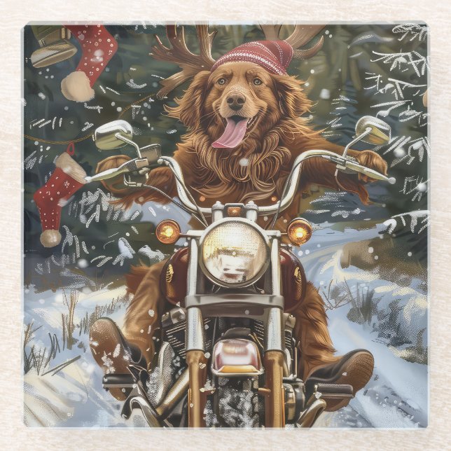 Nova Scotia Dog Riding Motorcycle Christmas Glass Coaster (Front)