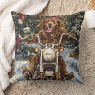 Nova Scotia Dog Riding Motorcycle Christmas Throw Pillow
