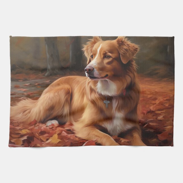 Nova Scotia Duck Terrier In Autumn Leaves Fall  Kitchen Towel (Horizontal)