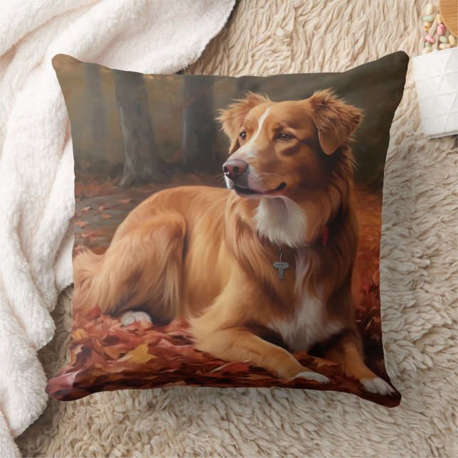 Nova Scotia Duck Terrier In Autumn Leaves Fall  Throw Pillow (Blanket)