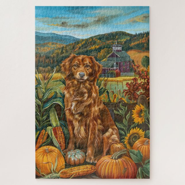 Nova Scotia Duck Toller Dog Autumn Thanksgiving Jigsaw Puzzle (Vertical)