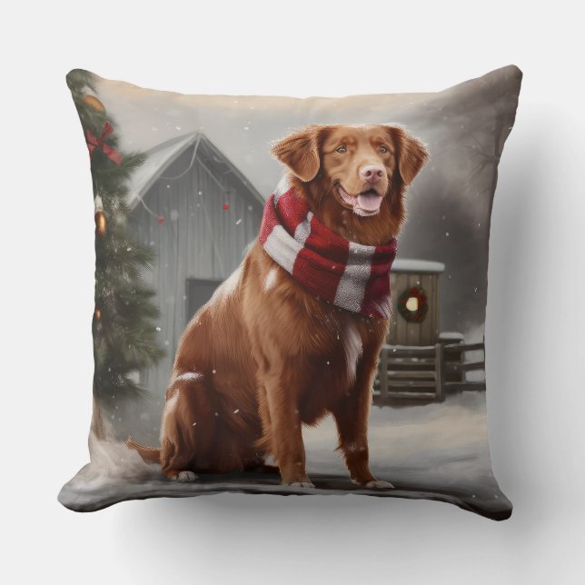 Nova Scotia Duck Toller Dog in Snow Christmas Throw Pillow (Front)