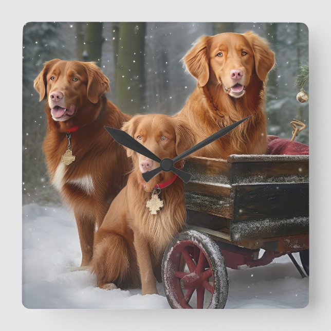 Nova Scotia Duck Toller Retriever Snowy Sleigh Square Wall Clock (Front)